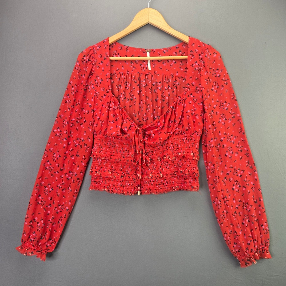 Free People Floral Crop Top Smocked Blouse Red S Long Sleeve Tie Front Boho